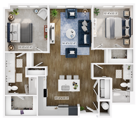 Floor plan for 2 beds, 2 baths, 1160 sqft